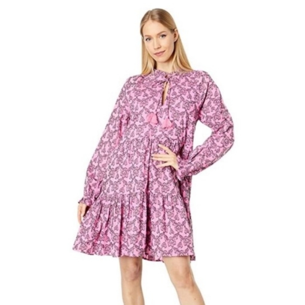 Roller Rabbit Janni Pink Floral Print Long Sleeve Flowy Mini Dress Size XS